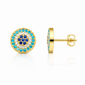 18K Yellow Gold Stud Earrings Evil Eye with Dark and Light Blue Cubic 2.15 gr