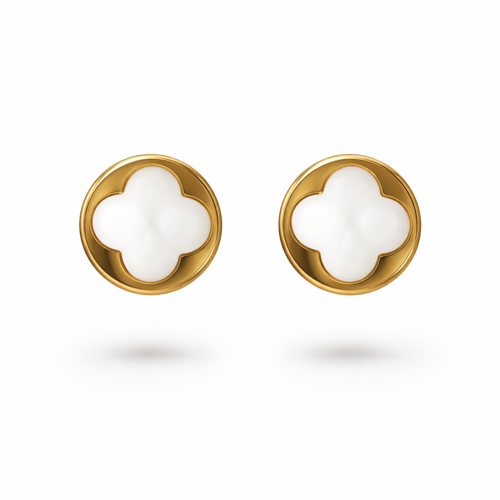 18K Yellow Gold Stud White Enamel Clover Stud  Earrings