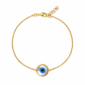 18K Yellow Gold Chain Bracelet with One Blue Evil Eye Bead