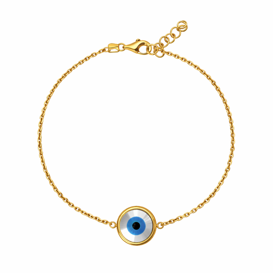 18K Yellow Gold Chain Bracelet with One Blue Evil Eye Bead