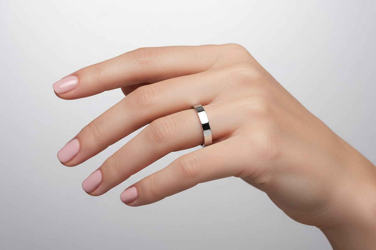 14K White Gold Flat Wedding Band 4mm Size: 9 3/4