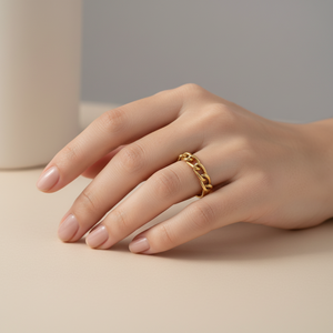 Yellow Gold Ring with Chain on Top 14k 4mm