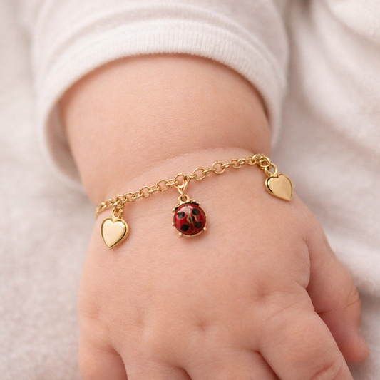 Yellow Gold Kids Bracelet with Heart and Lady bug charms, 18k, 5 1/2 to 6 Inches Adjustable, 2.39gr