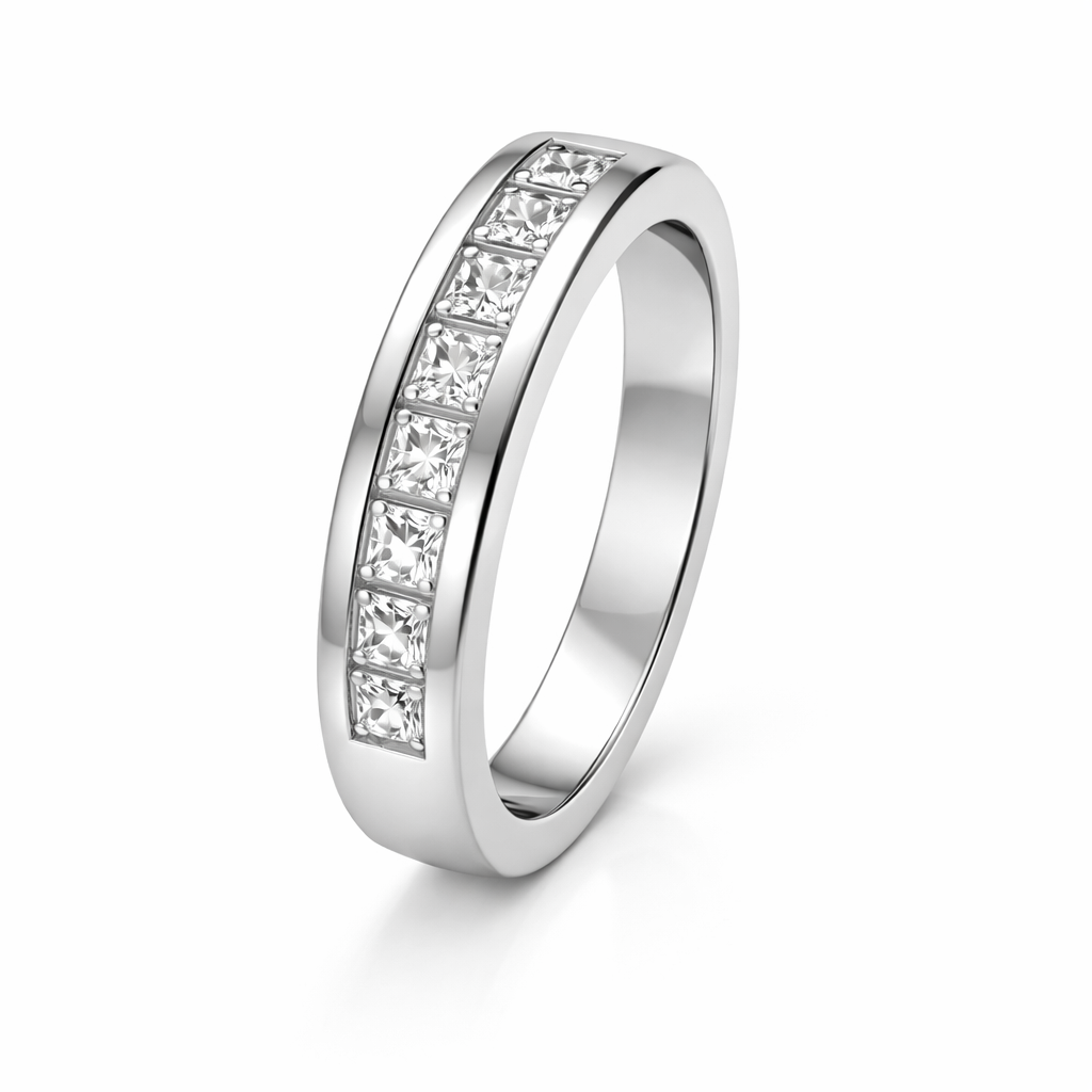 14K White Gold Princess Cut Channel Setting Band. TDW: 0.54ct VS FG