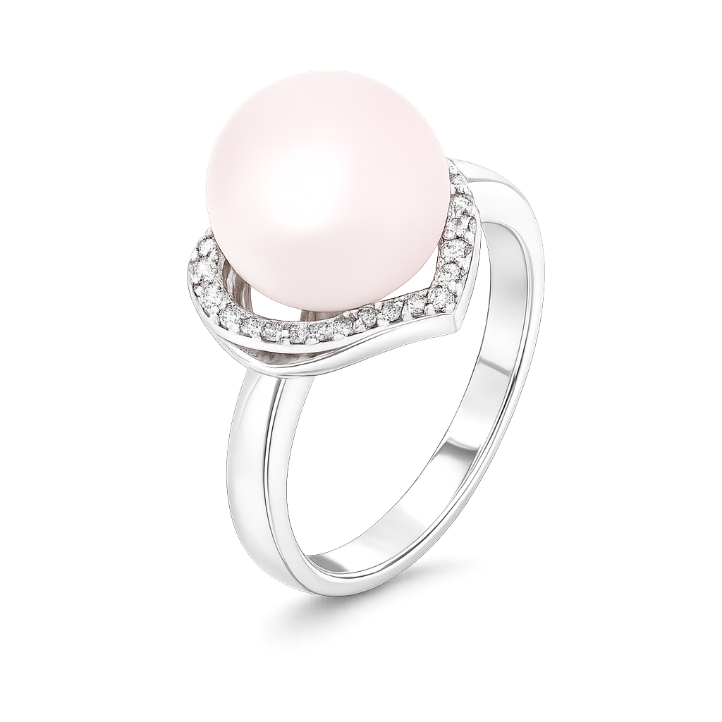 14K White Gold Ring with Heart Shape design setting with one Freshwater Pearl and Diamonds Pearl : 9.9mm Freshwater. Set with 35 Natural Round Diamonds TDW: 0.25ct GH SI