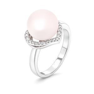 14K White Gold Ring with Heart Shape design setting with one Freshwater Pearl and Diamonds Pearl : 9.9mm Freshwater. Set with 35 Natural Round Diamonds TDW: 0.25ct GH SI