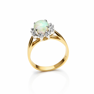14K Two Tones Ring Setting with One Natural Oval Shape Opal 0.60ct and 10 natural Diamonds TDW: 0.10ct SIHI