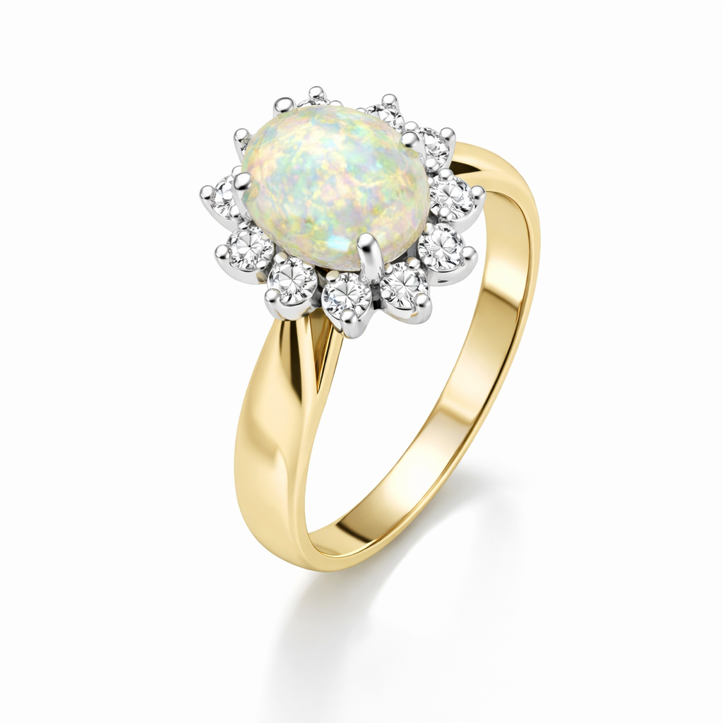 14K Two Tones Ring Setting with One Natural Oval Shape Opal 0.60ct and 10 natural Diamonds TDW: 0.10ct SIHI