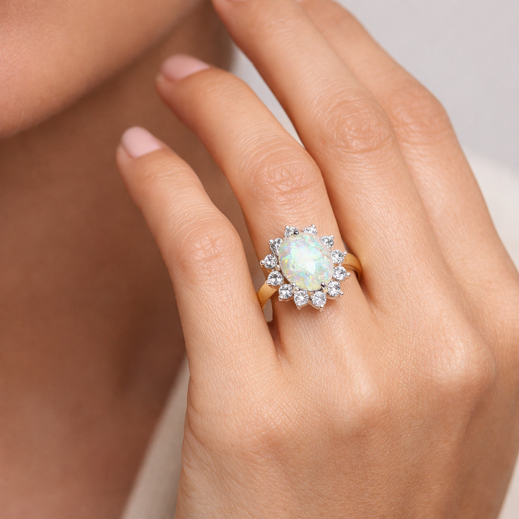14K Two Tones Ring Setting with One Natural Oval Shape Opal 0.60ct and 10 natural Diamonds TDW: 0.10ct SIHI