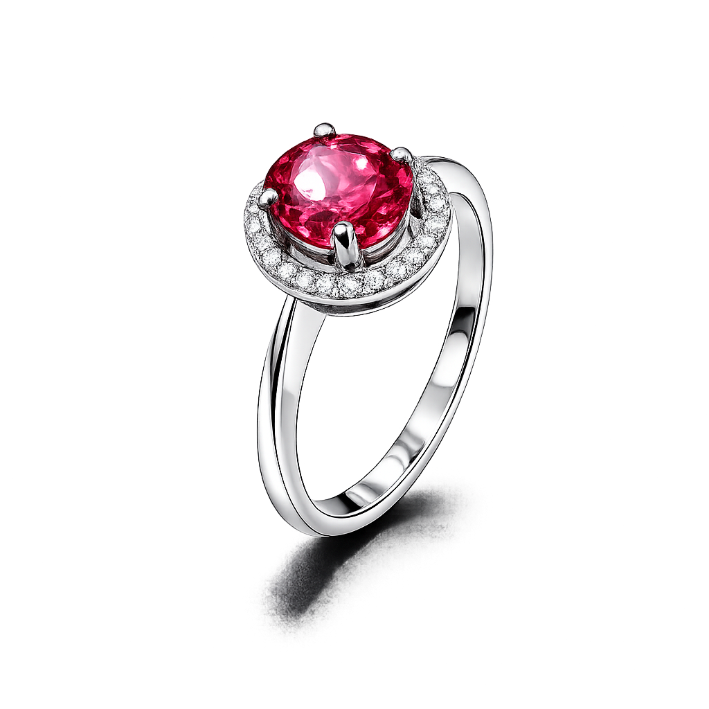 White Gold Halo Setting Oval Shape Ruby and Diamond Ring. 14k R: 1.14ct TDW: 0.11ct