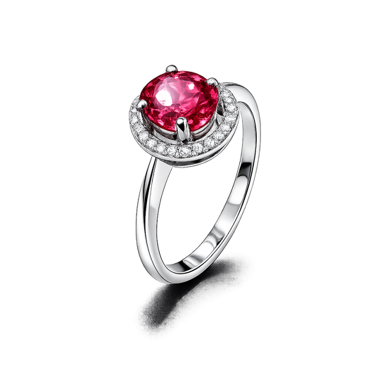 White Gold Halo Setting Oval Shape Ruby and Diamond Ring. 14k R: 1.14ct TDW: 0.11ct