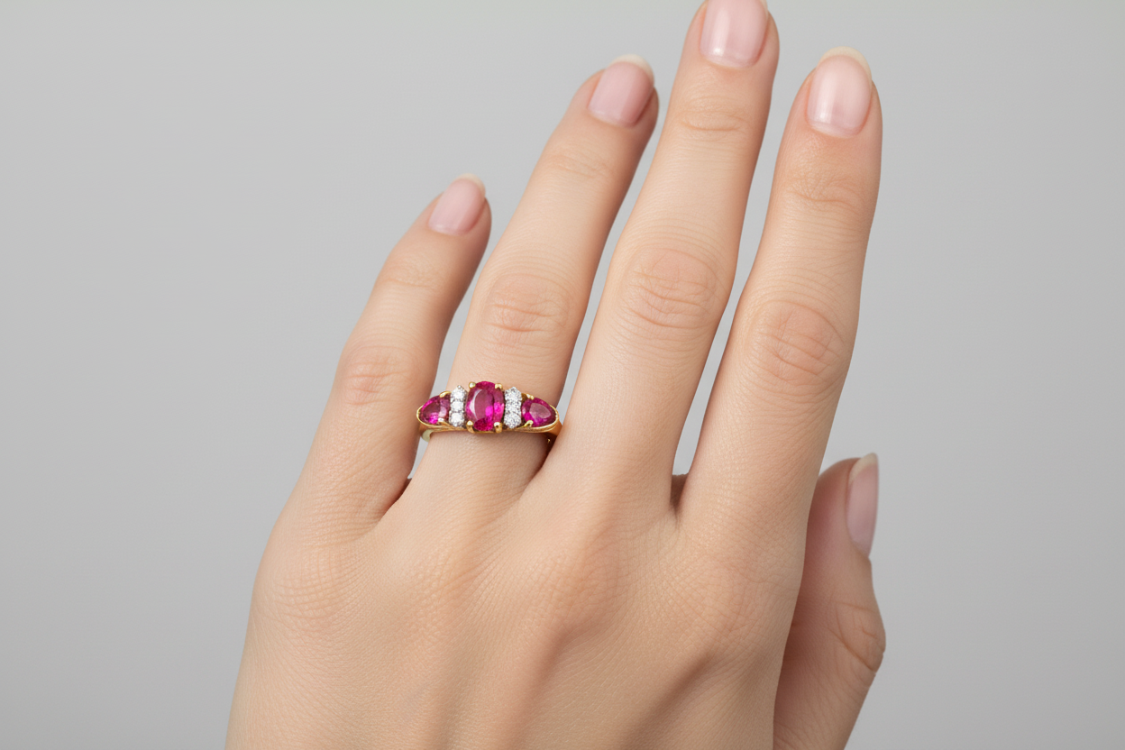 Vintage Yellow Gold Oval and Teardrop Shaped Ruby with Diamond Ring, 10k, R:0.62ct, TDW:0.02ct