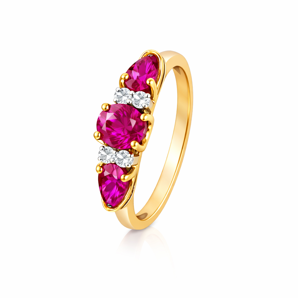 Vintage Yellow Gold Oval and Teardrop Shaped Ruby with Diamond Ring, 10k, R:0.62ct, TDW:0.02ct