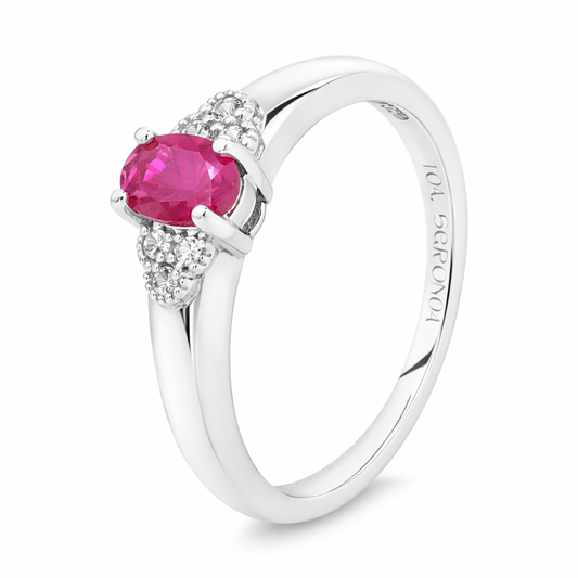 10K White Gold Ring with Ruby and six natural Round Diamonds TDW: 0.01ct