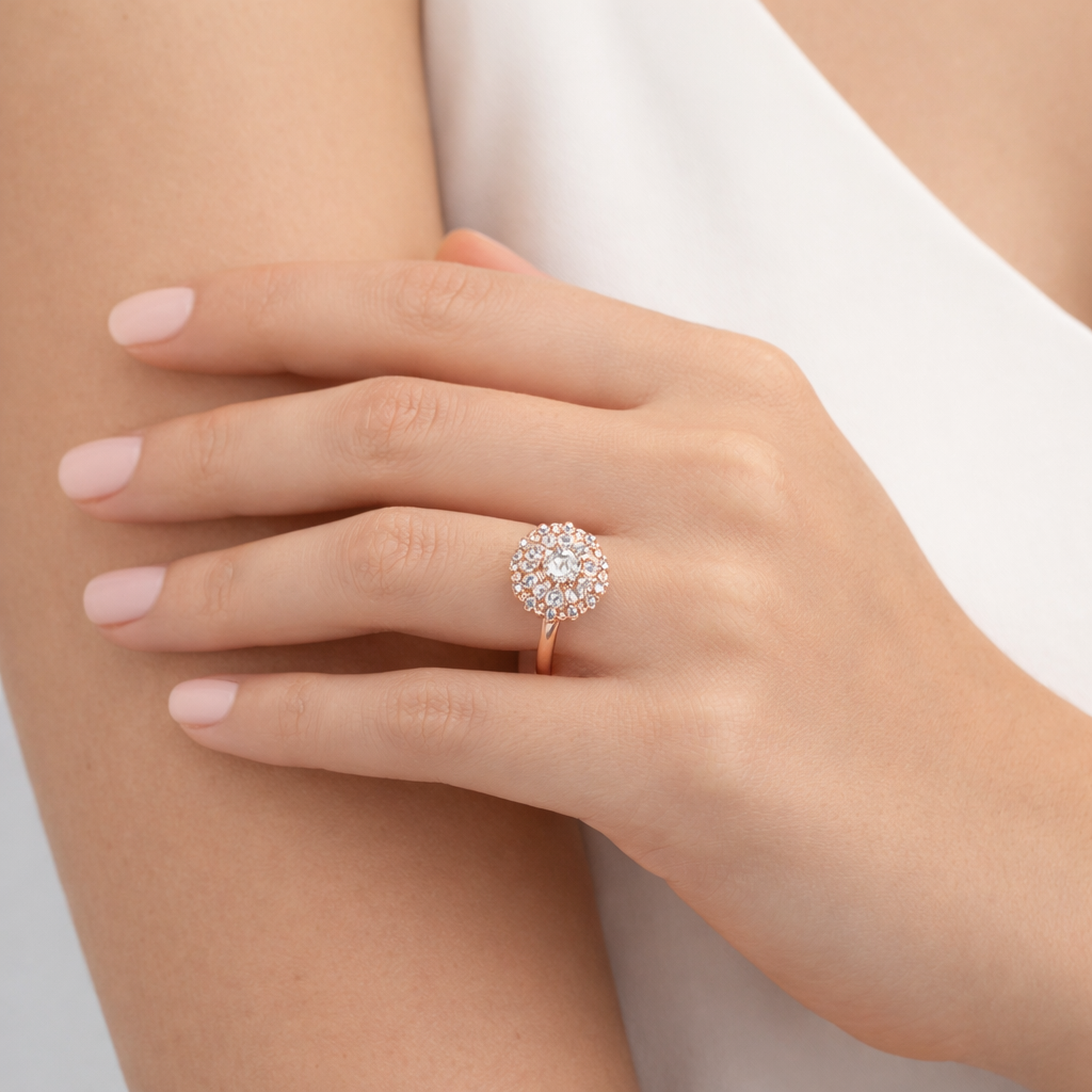 Sterling Silver Clustered Halo CZ Golden Rose Ring