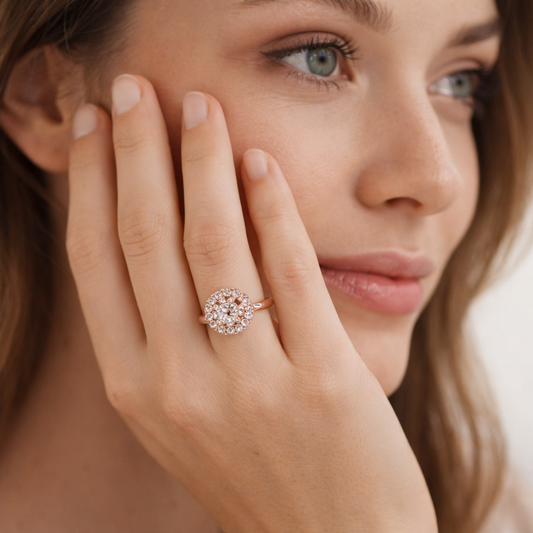 Sterling Silver Clustered Halo CZ Golden Rose Ring