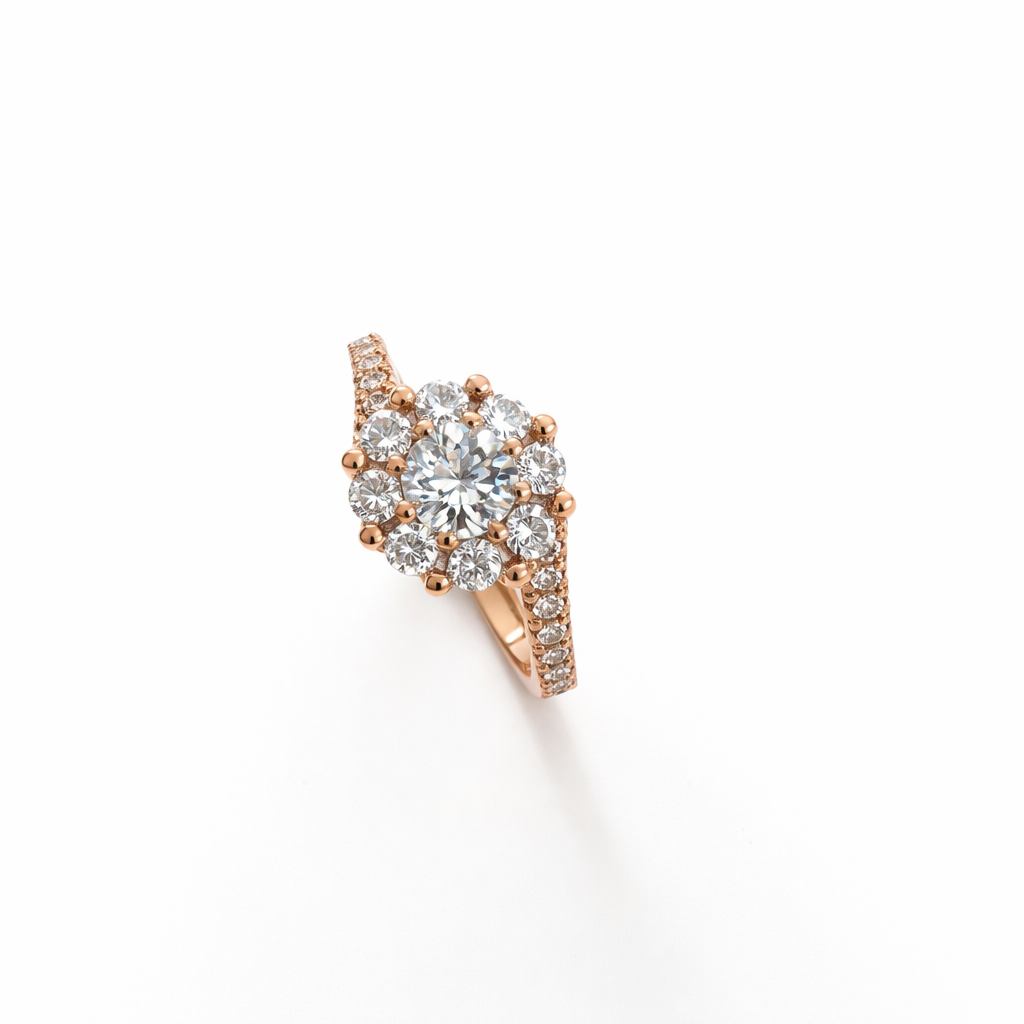 925 Sterling Silver Rose Gold Flower Halo CZ Ring