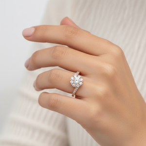 925 Sterling Silver Rose Gold Flower Halo CZ Ring