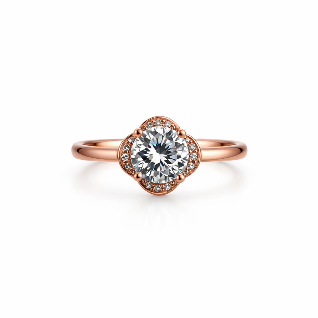 Sterling Silver 925 Rose Gold Plated Flower Solitaire CZ Engagement Ring