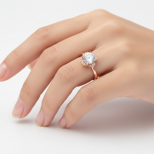 925 Sterling Silver Rose Gold Plated Flower Solitaire CZ Ring