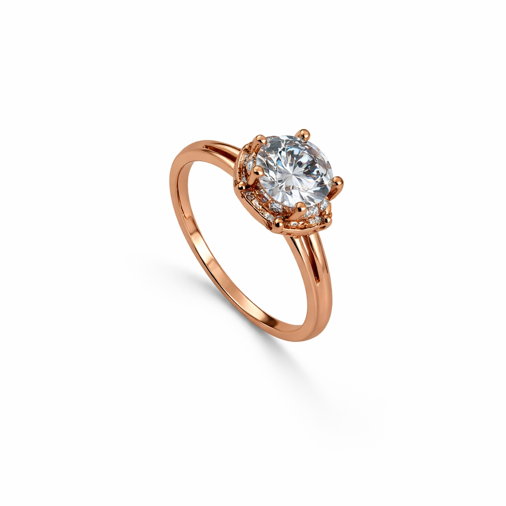 Sterling Silver 925 Rose Gold Plated Flower Solitaire CZ Engagement Ring