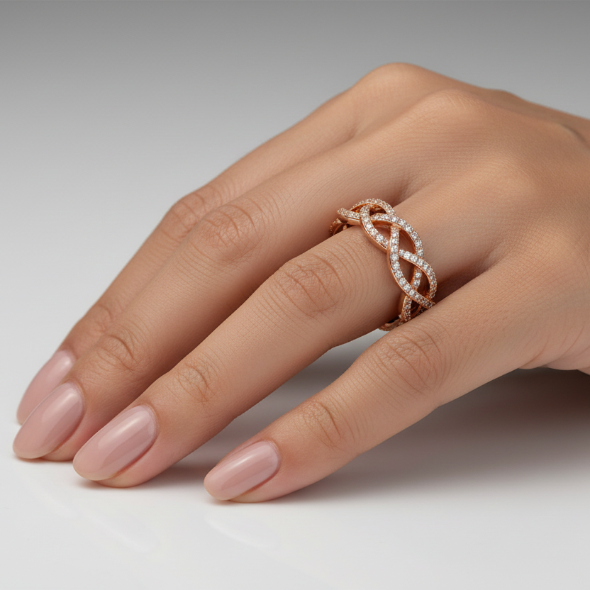 925 Sterling Silver Golden Rose Plated CZ Infinity Wave Ring