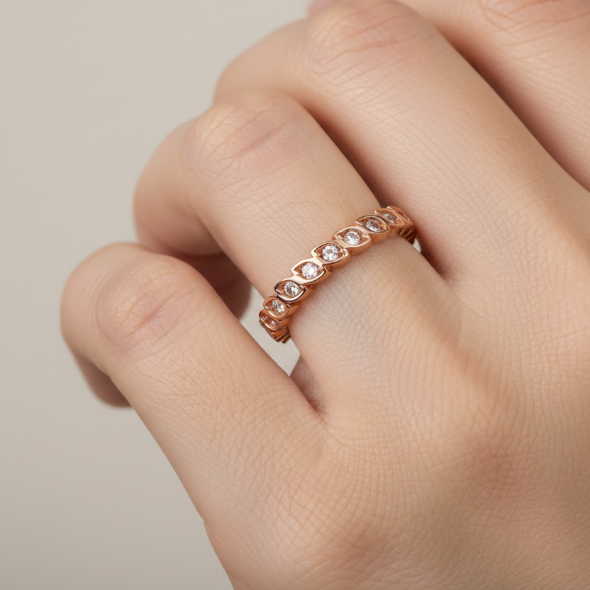 Sterling Silver Golden Rose Plated CZ Eternity Band Ring