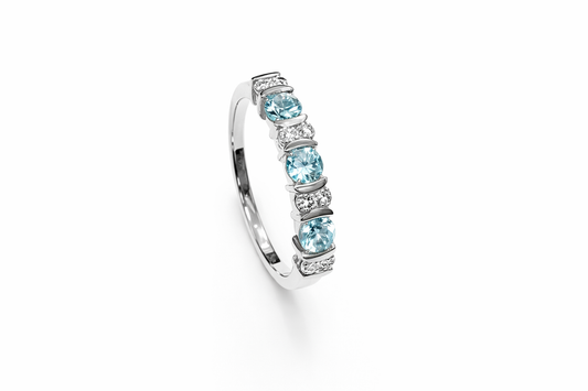 White Gold Band with Diamonds and Aquamarine 10k