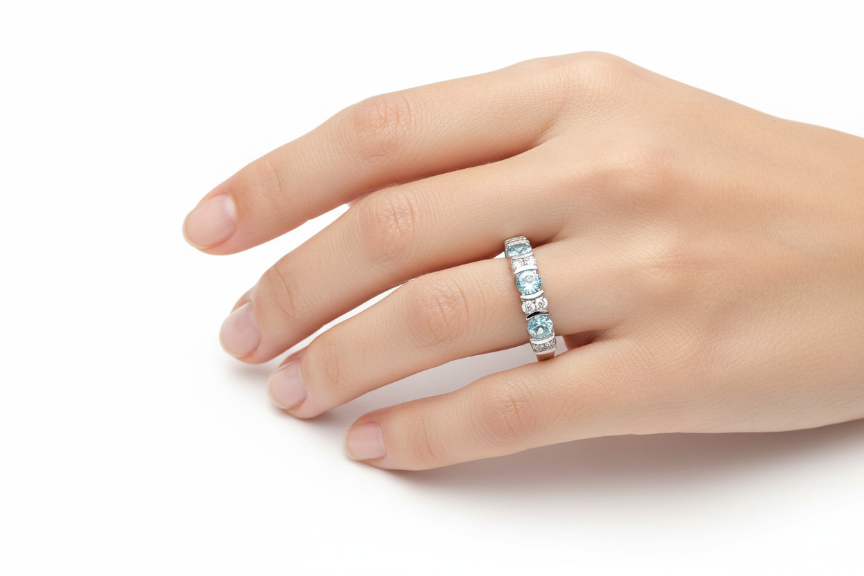 White Gold Band with Diamonds and Aquamarine 10k