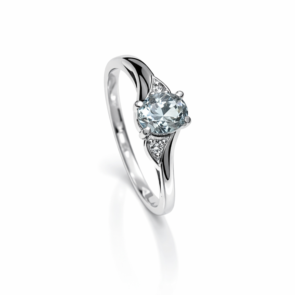 10K White Gold Ring with Blue Topaz and Two Small Diamonds