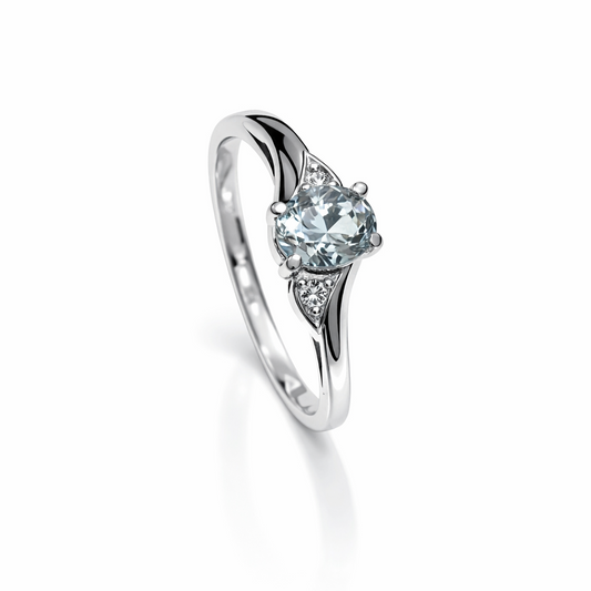 10K White Gold Ring with Blue Topaz and Two Small Diamonds