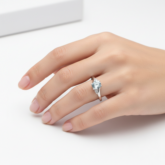 10K White Gold Ring with Blue Topaz and Two Small Diamonds