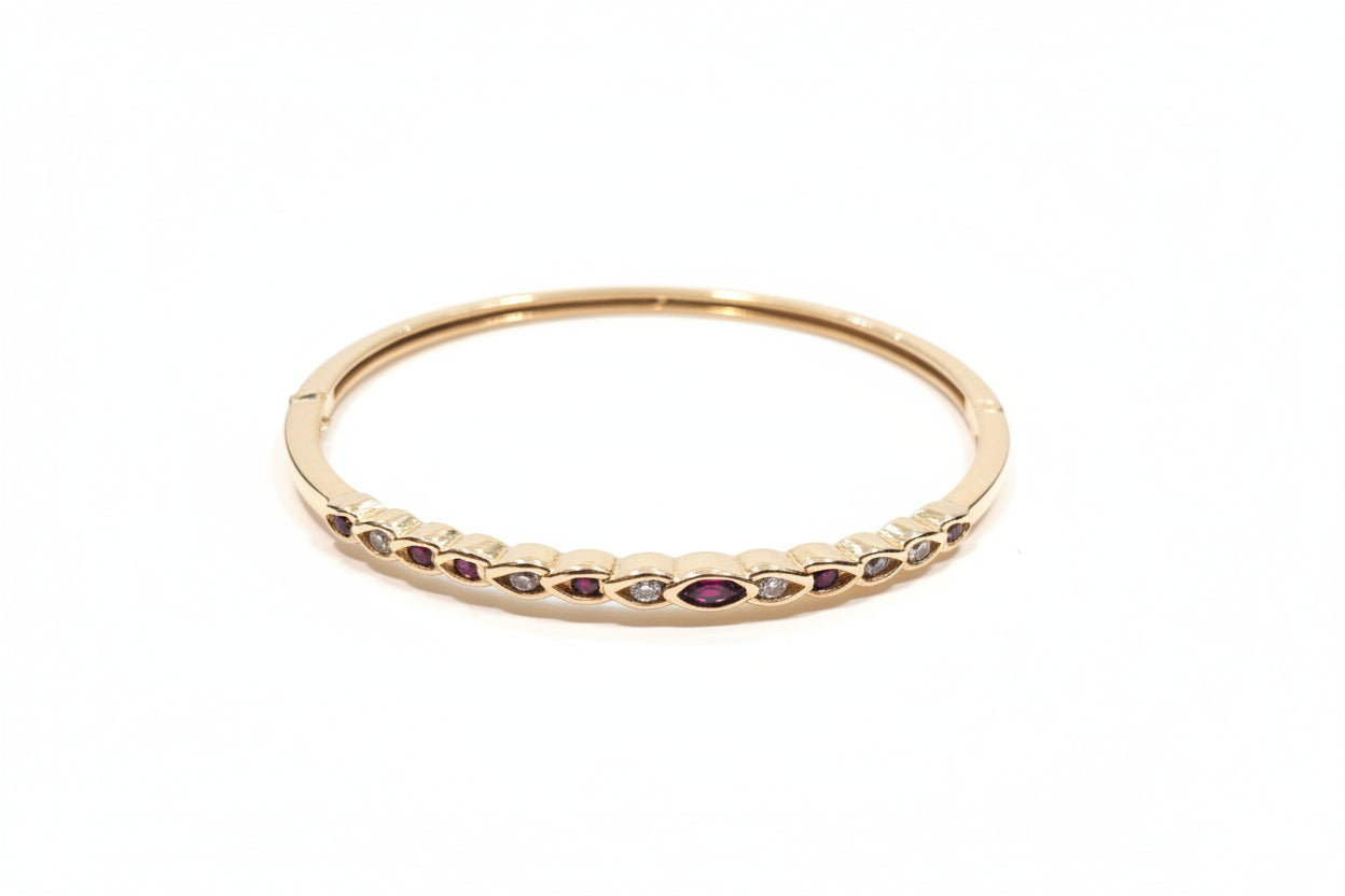 14K Yellow Gold Stone Bangle with Garnets and Diamonds