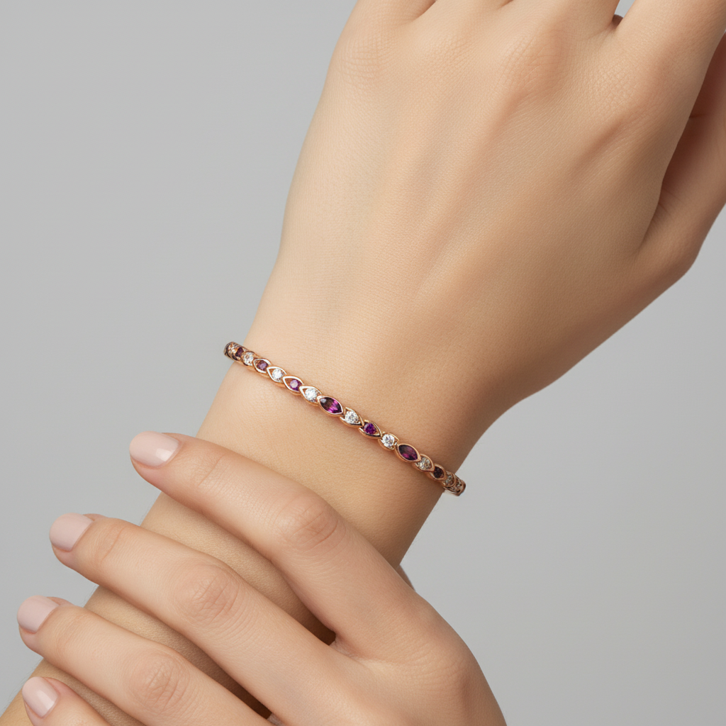 14K Yellow Gold Stone Bangle with Garnets and Diamonds