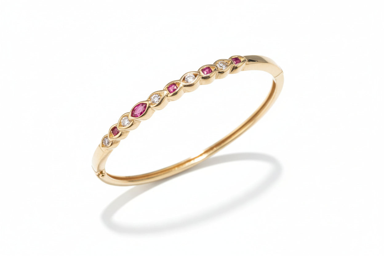 14K Yellow Gold Stone Bangle with Garnets and Diamonds