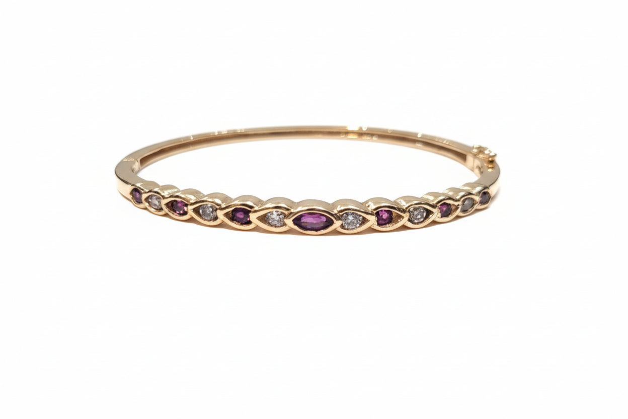 14K Yellow Gold Stone Bangle with Garnets and Diamonds