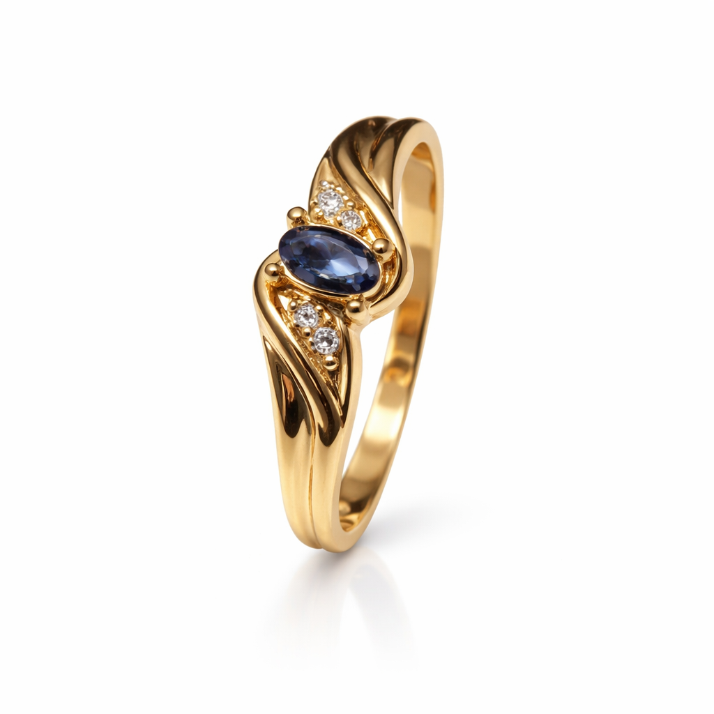 10K Yellow Gold Ring with Oval Sapphire and Small Diamonds 1.93 gr