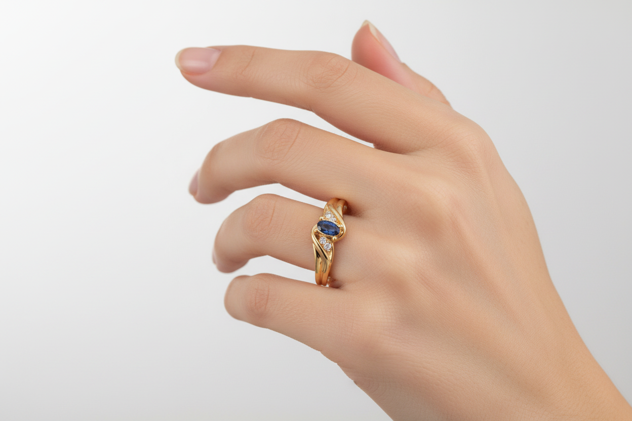 10K Yellow Gold Ring with Oval Sapphire and Small Diamonds 1.93 gr