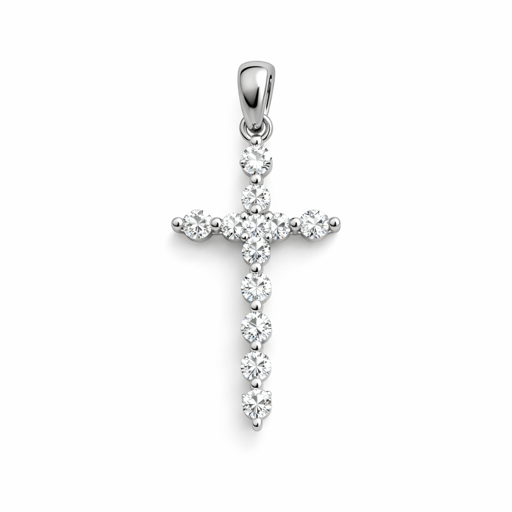 14K White Gold Cross Pendant Setting with 10 Natural Round Diamonds TDW: 0.30ct VS GH