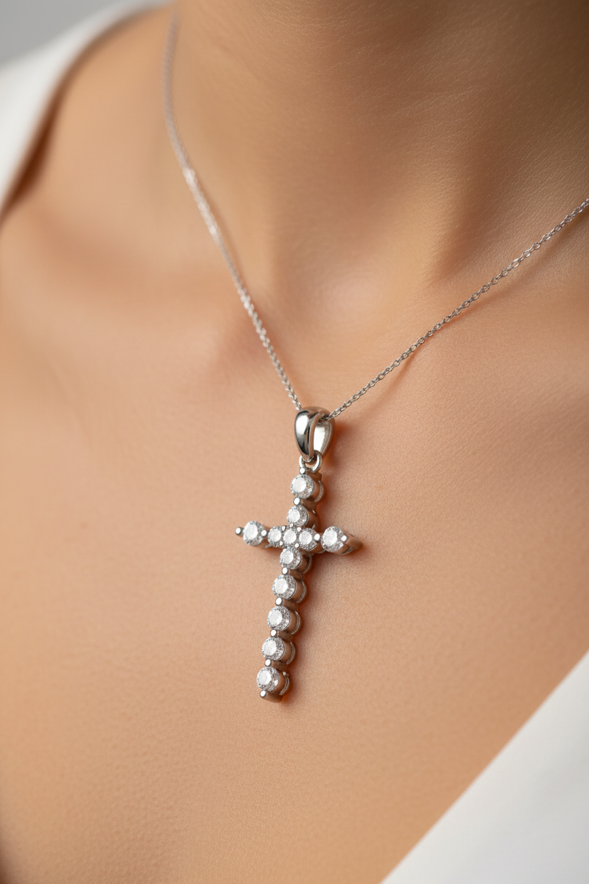 14K White Gold Cross Pendant Setting with 10 Natural Round Diamonds TDW: 0.30ct VS GH