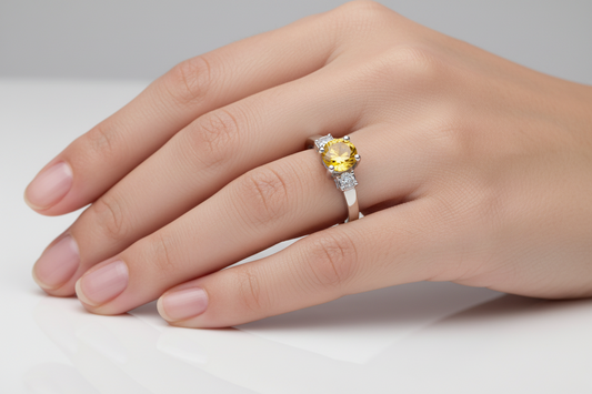 10K White Gold Ring with Oval Citrine and Small Diamonds