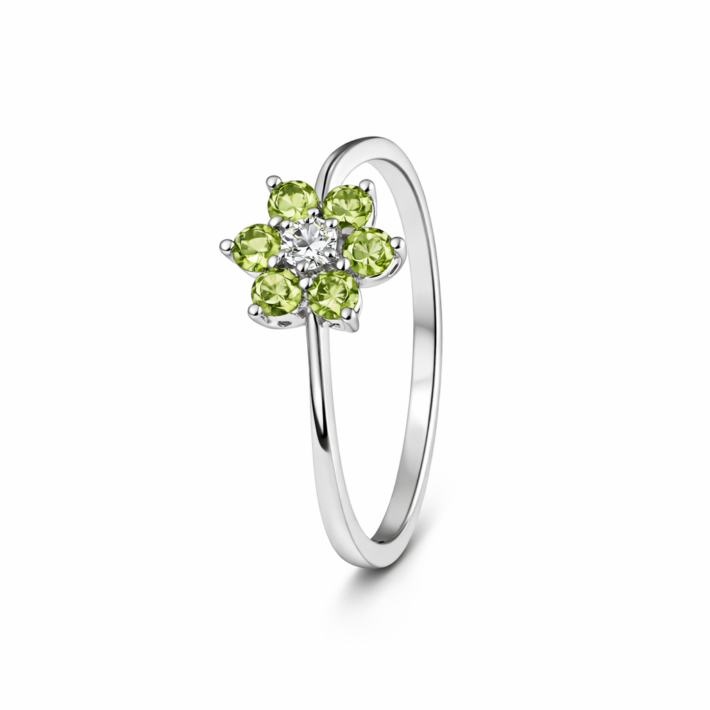 10K White Gold Ring with Peridot Flowers Setting and Diamond
