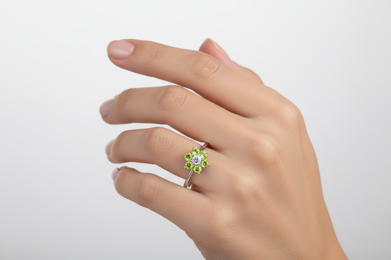 10K White Gold Ring with Peridot Flowers Setting and Diamond