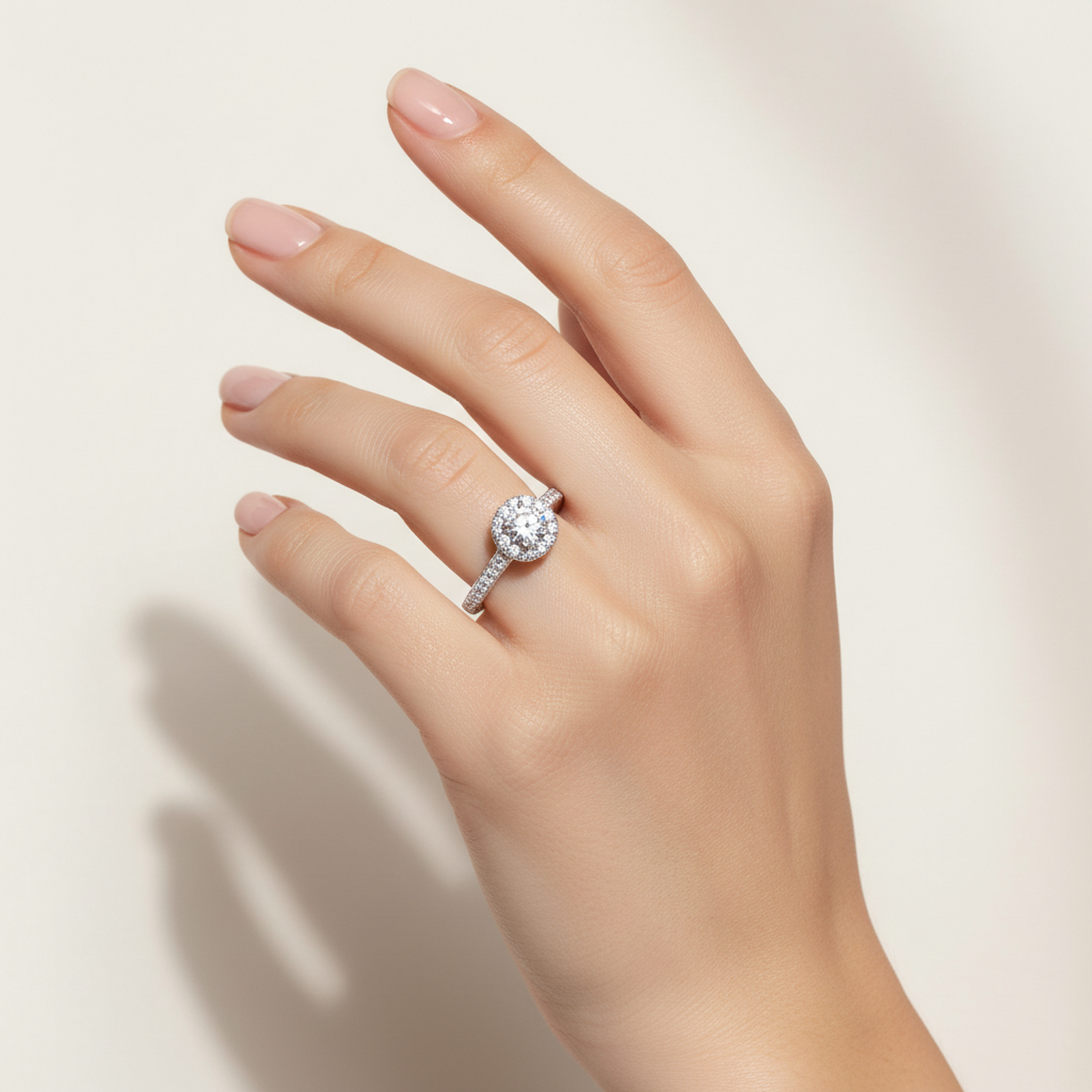 White Gold Halo Engagement Diamond Ring,14k, Centre: 0.4ct, TDW: 0.9ct. VS2-SI1 GH