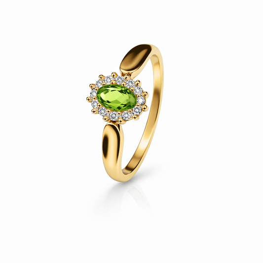 Yellow Gold Ring with Oval Peridot and Diamond Halo Setting 10k