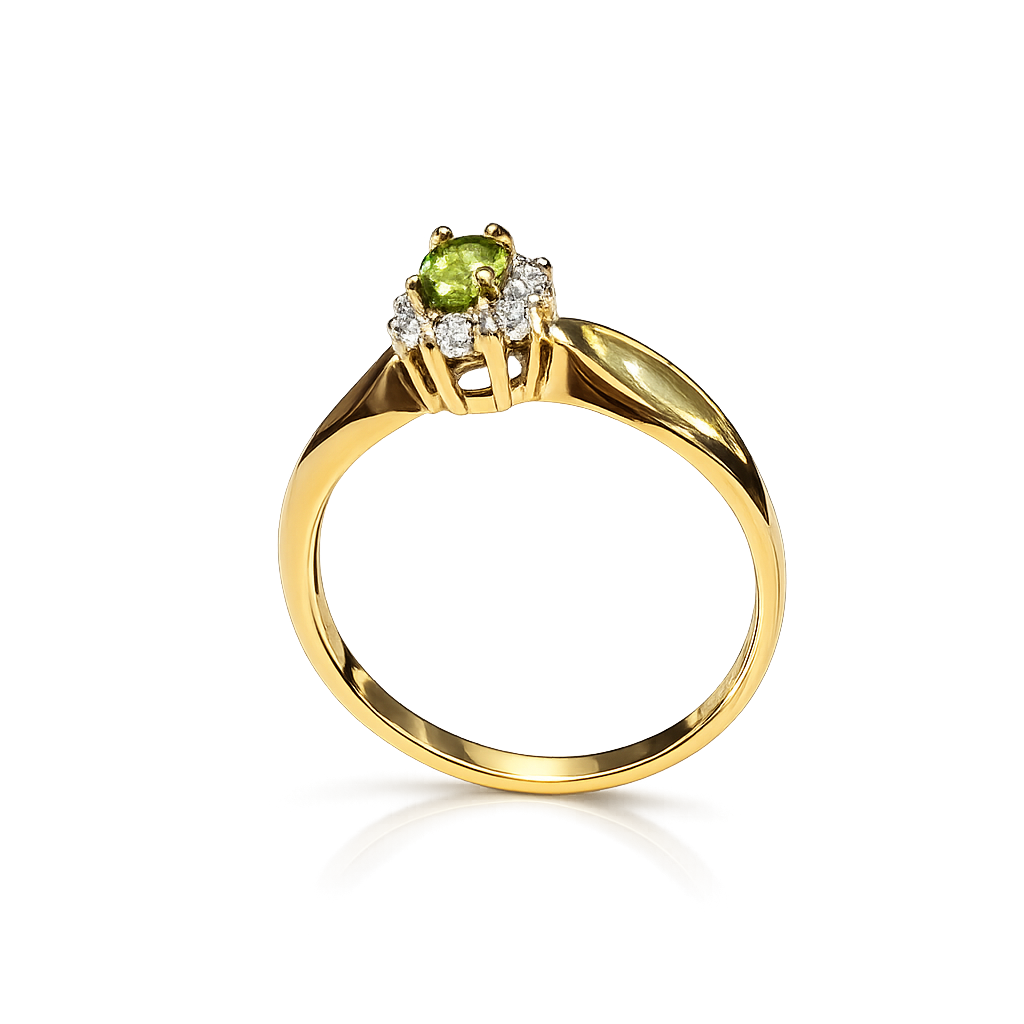 Yellow Gold Ring with Oval Peridot and Diamond Halo Setting 10k