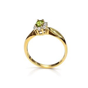 Yellow Gold Ring with Oval Peridot and Diamond Halo Setting 10k
