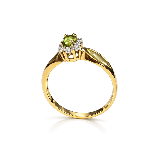 Yellow Gold Ring with Oval Peridot and Diamond Halo Setting 10k