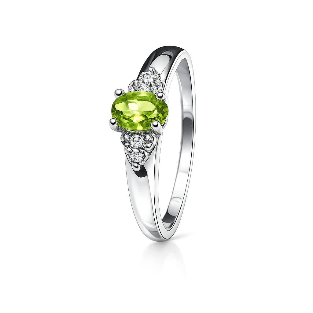 10K White Gold Ring Oval Peridot and Diamonds