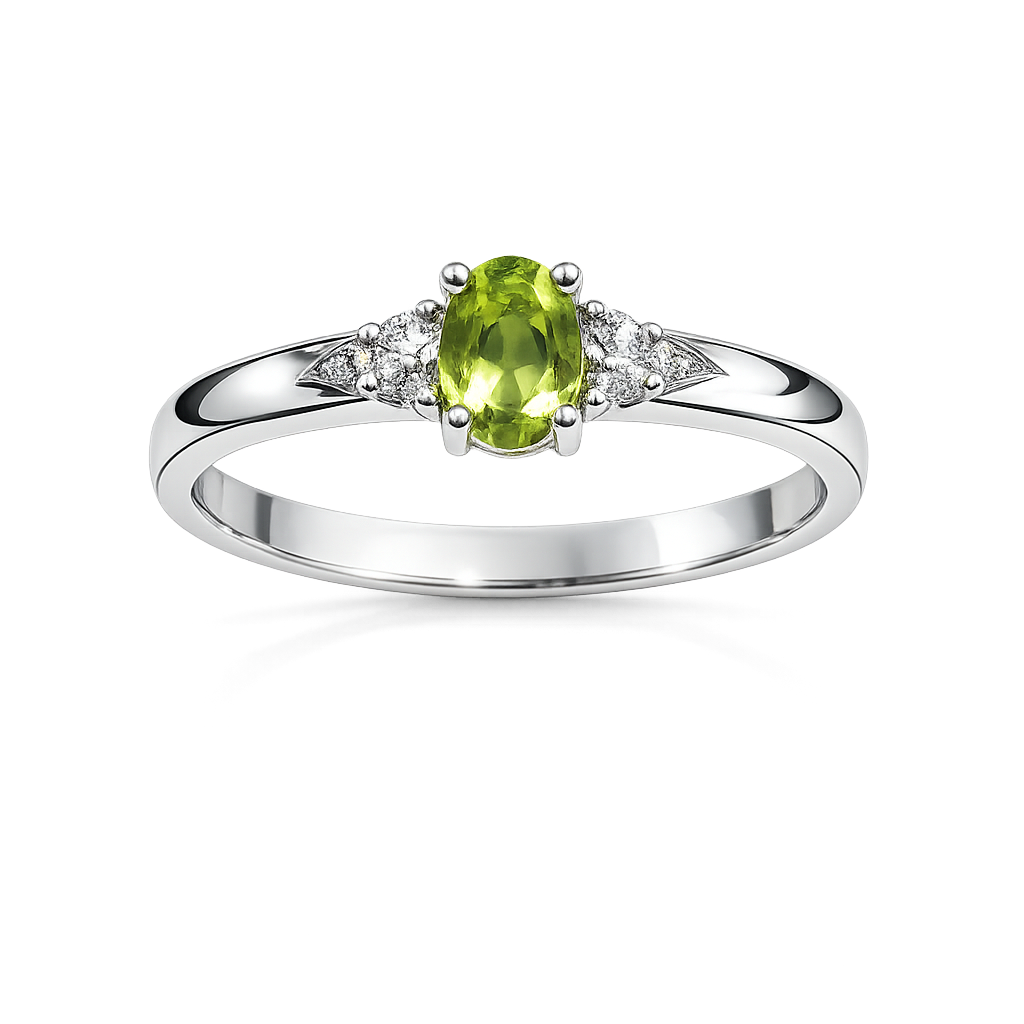 10K White Gold Ring Oval Peridot and Diamonds